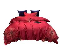 SLOPSS Wedding Satin Long-Staple Pure Four-Piece Set Feather Lace Full Cotton Duvet Cover Bedding (Color Size : (Red 1.5m)