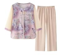 SLOPSS Womens Lounge Wear Sets Summer, Pink 3/4 Sleeve Qipao Buckle Leaf Print Pullover T Shirt Elastic Waist Cropped Trousers 2 Piece Co Ords Elderly Outfits