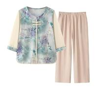 SLOPSS Womens Lounge Wear Sets Summer, Pink 3/4 Sleeve Qipao Buckle Leaf Print Pullover T Shirt Elastic Waist Cropped Trousers 2 Piece Co Ords Elderly Outfits