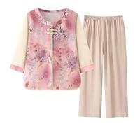 SLOPSS Womens Lounge Wear Sets Summer, Pink 3/4 Sleeve Qipao Buckle Leaf Print Pullover T Shirt Elastic Waist Cropped Trousers 2 Piece Co Ords Elderly Outfits