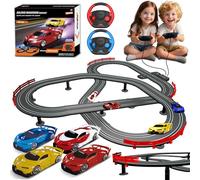 Slot Car Race Track Set with 4 Light-Up Cars, 2 Speed Adjustable Steering Wheel Controllers, 16.7ft Track with Overpass, Lap Counter, Dual Power Mode, Gift for Boys Girls Age 8+