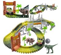 Slot Car Race Track Sets Jurassic Dino World Flexible Race Track, Wooden Bridge, Ball & Car with Light Play Set