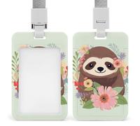 Sloth and Flowers Id Badge Holder with Lanyard, Clear Vertical Card Protector Waterproof, Breakaway Safety Neck Strap, Heavy Duty Name Tag Holder for Nurse Teacher Officer Staff Women Men
