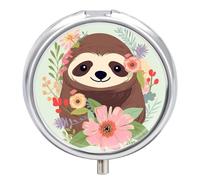 Sloth and Flowers Metal Pill Organizer, 3 Compartment Waterproof Pill Case with Mirror for Purse Pocket Bag, Daily Medicine Vitamin Holder, Portable Travel Med Container(Round)
