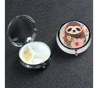 Sloth and Flowers Pill Box 3 Compartment Round Portable Pill Case for Pocket or Purse Pill Holder Weekly Pill Organizer Decorative Metal Medicine Vitamin Organizer Travel Gift
