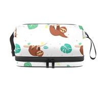Sloth and Palm Leaves Double Layer Cosmetic Bag for Women and Girls, Travel Toiletry Bag Makeup Handy Pouch Organiser Bag with Brush Compartment
