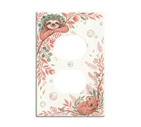 Sloth Bathroom Duplex Outlet Covers Wall Plate, Nature Playful Koala Leaves Spring Peach Plastic Standard Size Double Power Outlet Cover Plate for Home Living Room New Apartment Decor