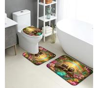 Sloth Bathroom Mat Sets 3 Piece, Colorful Floral Nature Design Absorbent Non Slip Bath Rugs U Shaped Washable, Spring Decor Quick Dry Memory Foam Bathroom Rug Set