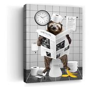 Sloth Bathroom Wall Art - Funny Sloth Reading Newspaper on Toilet, Humorous Restroom Decor Poster, Unique Home Gift, Canvas Print for Modern Bathroom Decoration, 12x16 inch Framed
