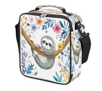 Sloth Branch Colorful Flowers Kids Lunch Bag for Boys Girls, Reusable Insulated Leakproof Lunch Box with Shoulder Strap, Toddler Cooler Tote for School Picnic Travel Beach Hiking Fishing