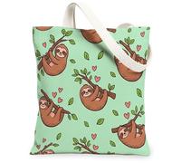 Sloth Canvas Tote Bag for Women, Playful Fanciful Leaves Hearts None Mint Green Washable Reusable Grocery Bag Ideas for Out, Mint Green, 13x15 Inch