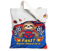 Sloth Canvas Tote Bag for Women, Racing Playful Race Car Checkered Flag Summer Red Washable Reusable Market Tote for Shopping Brunch Park Library Day Trips 13x15 Inch