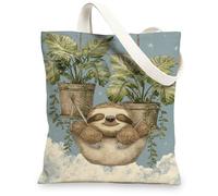 Sloth Canvas Tote Bags, Cute Animal Plant Pattern Reusable Grocery Bags, Fanciful Nature Lightweight Washable Shoulder Stra, Blue, 13x15 Inch