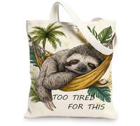 Sloth Canvas Tote Bags, Cute Animal Print Reusable Grocery Bags, Tropical Relaxed Eco-Friendly Lightweight Canvas Bags for, White, 13x15 Inch