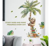 Sloth Climbing Books Wall Sticker, Inspirational Quote Study Hard and Make Progress Every Day, PVC Self-Adhesive Wall Decal for Kids Room, Bedroom, Living Room Decor