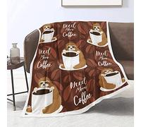 Sloth Coffee Throw Blanket - Flannel Fleece for Adults & Kids, Lightweight, Soft, Coffee Cup Beans Print, 150cm x 200cm