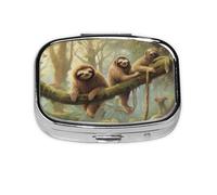 Sloth Family Mini Pill Box Metal Travel Medicine Organizer with 2 Compartments Pocket-Sized Pill Container