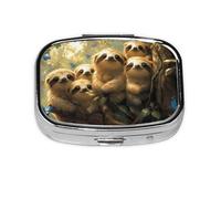 Sloth Family Mini Pill Box Metal Travel Medicine Organizer with 2 Compartments Pocket-Sized Pill Container