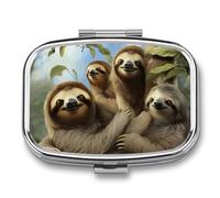 Sloth Family Pill Box - 2 Compartment Travel Pill Organizer with Small Mirror, Portable Pillcase for Pocket & Purse, Cute Square Medicine Case, Weekly Medicine Container