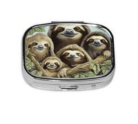 Sloth Family Pill Case 2 Compartment Pill Box Portable Metal Pill Organizer Cute Travel Pill Container Vitamin Organizer for Purse Pocket Travel Gift