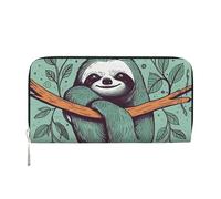Sloth Green Leather Wallet For Women Girl, Zip Around Credit Card Holder Long Pu Wallet Clutch Purse Waterproof Travel Handbag