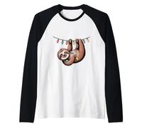 Sloth Hanging on Christmas Lights Funny Lazy Holiday Raglan Baseball Tee