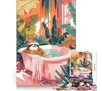 Sloth in Bathtub Surrounded by Plants Jigsaw Puzzles for Adults 1000 Pieces Strengthen Recall Soothing Fun Quality Edge Lovely Present 50x75cm