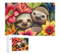 Sloth in Tropical Flowers - Displayable Picture Puzzle, 1000 PCS, Seasonal Gift, for Mindful Indoor Entertainment