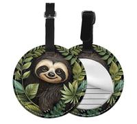 Sloth Leaves Round Luggage Tag 4PCS Tropical Jungle PU Leather Travel Bag Tag ID Labels Name Card Holder wtih Buckle for Luggage Suitcase Backpacks