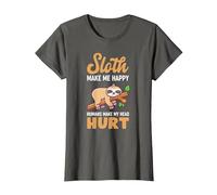 Sloth Makes Me Happy Humans Make My Head Hurt Fun Saying T-Shirt, Women, Asphalt Grey, Medium