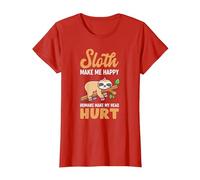 Sloth Makes Me Happy Humans Make My Head Hurt Fun Saying T-Shirt, Women, Red, X-Small