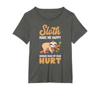 Sloth Makes Me Happy Humans Make My Head Hurt Fun Saying T-Shirt, Women's Plus, Asphalt Grey, 3X