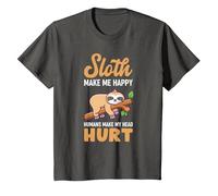 Sloth Makes Me Happy Humans Make My Head Hurt Fun Saying T-Shirt, Youth, Asphalt Grey, Small