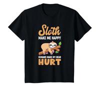 Sloth Makes Me Happy Humans Make My Head Hurt Fun Saying T-Shirt, Youth, Black, Medium