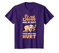 Sloth Makes Me Happy Humans Make My Head Hurt Fun Saying T-Shirt, Youth, Purple, X-Small