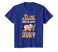 Sloth Makes Me Happy Humans Make My Head Hurt Fun Saying T-Shirt, Youth, Royal Blue, Small