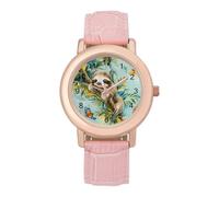 Sloth On A Tree Tropical Butterfly Women's Leather Strap Band Watch Pink Ladies Three-Hand Wrist Watches