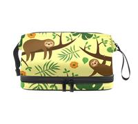 Sloth on Branches and Leaves Double Layer Cosmetic Bag for Women and Girls, Travel Toiletry Bag Makeup Handy Pouch Organiser Bag with Brush Compartment
