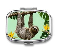 Sloth on Green Branches Pill Box - 2 Compartment Travel Pill Organizer with Small Mirror, Portable Pillcase for Pocket & Purse, Cute Square Medicine Case, Weekly Medicine Container
