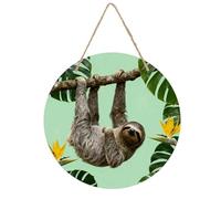 Sloth on Green Branches Welcome Sign for Front Door 7.9 Wooden Flower Door Hanger, Rustic Round Large Wood Plaque Wall Hanging Decor for Front Porch Outdoor Farmhouse Home Decorations