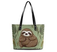 Sloth on The Grass Leather Tote Bag for Women Work Shoulder Purses with Zipper Waterproof Large Computer Shoulder Bag Fashion Ladies Shoulder Handbag Reusable Shopping Bags