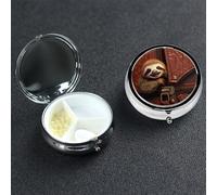 Sloth on Zipper Pill Box with Mirror 3 Compartment Decorative Pill Case for Purse or Pocket Small Round Pill Organizer Weekly Metal Medicine Tablet Vitamin Holder Travel Gift