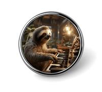 Sloth Playing Piano Cartoon Round Badge Personalized Metal Lapel Pin Badges Fit Clothing Bags Hat Humorous Printed Brooch Badge Party Decorations Accessories for Men Women
