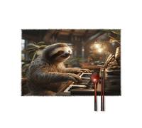 Sloth Playing Piano Cartoon Table Mats Set of 6 Heat Resistant Non-Slip Canvas Place Mats Washable Durable Stylish for Kitchen and Dining Table Home Decorations
