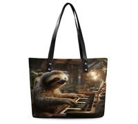 Sloth Playing Piano Cartoon Tote Bag Large Soft Leather Purse with Zipper Lightweight Ladies Shoulder Handbag