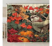 Sloth Shower Curtain, Autumn Leaves Orange Red Green Bathroom Decor, Fall Seasonal Nature Art Waterproof Fabric Shower Curtain with Hooks 108x72 Inch