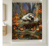 Sloth Shower Curtain, Autumn Orange Floral Bathroom Decor, Cozy Fall Nature Style Waterproof Fabric Shower Curtain with Hooks 54x78 Inch