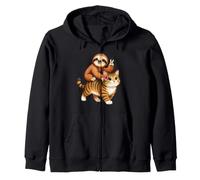 Sloth Sitting On A Cat Funny Sloth Zip Hoodie