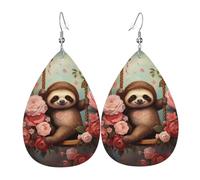 Sloth Sitting On A Swing By The Roses Teardrop Leather Earrings, Women'S Accessories, Versatile Earrings Suitable For Commuting And Travel.