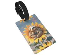 Sloth Sitting on Sunflower Luggage Tags for Suitcases, PVC Suitcase Tag with Secure Strap Suitcase Identifier with Privacy Name Card for Travel Bag Tags Personalized Baggage Tag for Women Men